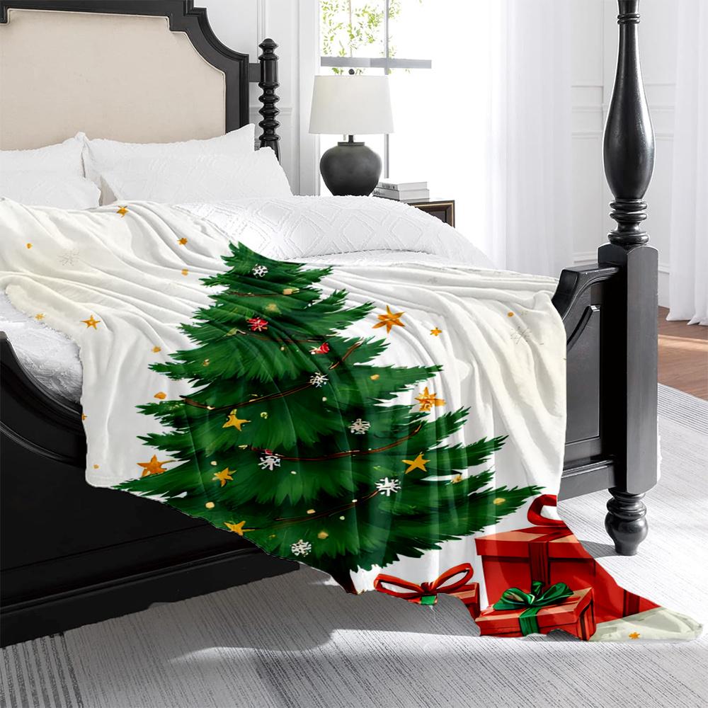 1 Stück Plüsch-Weihnachtsbaum Beflockte Decke - Weiche Ganzjahres-Sofa-Tagesdecke mit Grüner Tanne, Roten Ornamenten & Goldenen Sternen
