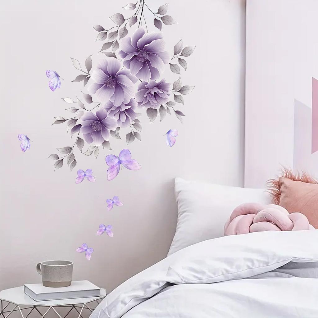 Aesthetic Purple Floral Butterfly Wall Stickers, French Countryside Self-Adhesive Decor for Room Background Wall Decoration