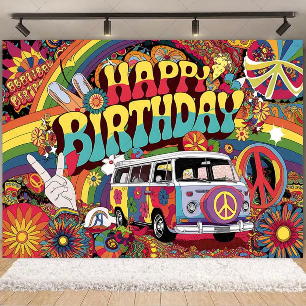 Богемный Стиль Красочный Хиппи Автобус Тема День Рождения Фон Мир И Любовь Украшения для Вечеринки Тай-дай Баннер Виниловый Фон Подарки 120x90cm