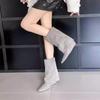 Flax cotton pleated niche design square head personalized short boots new canvas medium tube slope heel Martin boots temperament