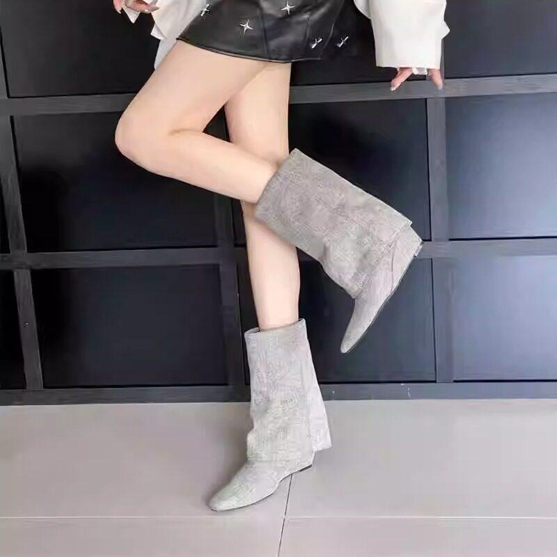 Flax cotton pleated niche design square head personalized short boots new canvas medium tube slope heel Martin boots temperament