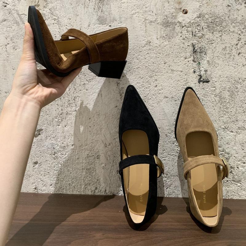 French thick heel pointed head temperament single shoes women's spring and autumn 2025 new models with skirts with evening Mary Jane shoes