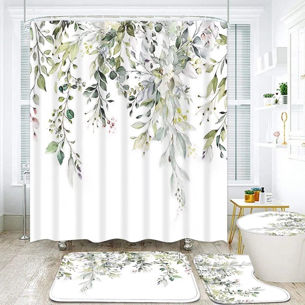 Green Leaves Shower Curtain Sets Spring Rural Plant Flower Bathroom Curtains Non-Slip Toilet Lid Cover Rug Baths Mats Home Decor