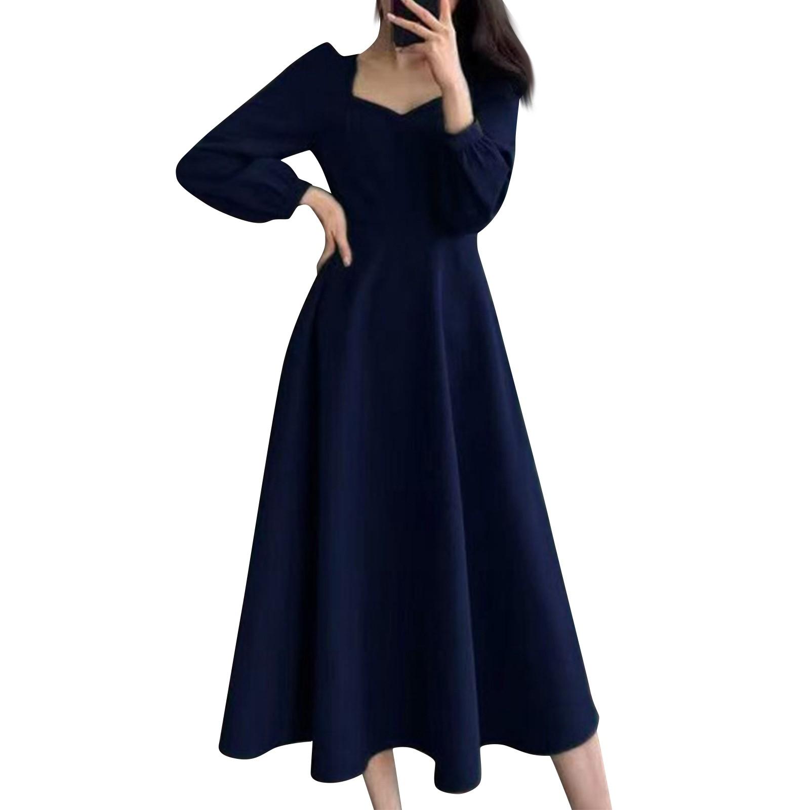 

Dress For Women Summer Slim Waist Black Dress French Square Neck Knee-length Dress XXXXXL Темно-синій