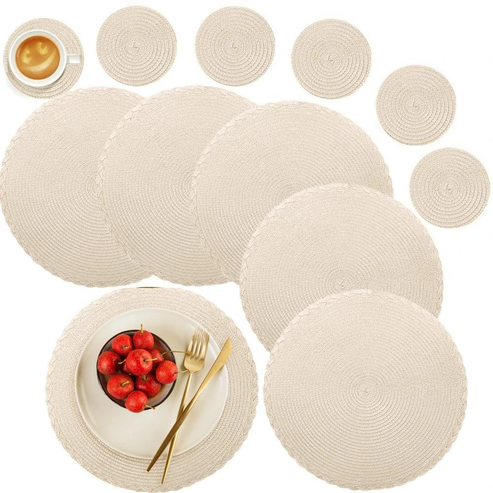 6Pcs Round Table Mat and Cup Coasters Set Woven Ramie Placemats Anti Slip Dining Placemats Non-Slip Tableware Bowl Pads Kitchen 6 Mats 6 Coaster