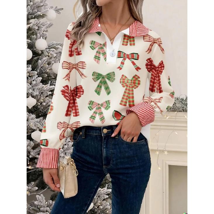 Women's Retro Christmas Pattern Blouse - Turn-Down Collar Long Sleeve, Loose Casual Silhouette, Festive Gift Tree Print Top Suitable for Fall/Winter