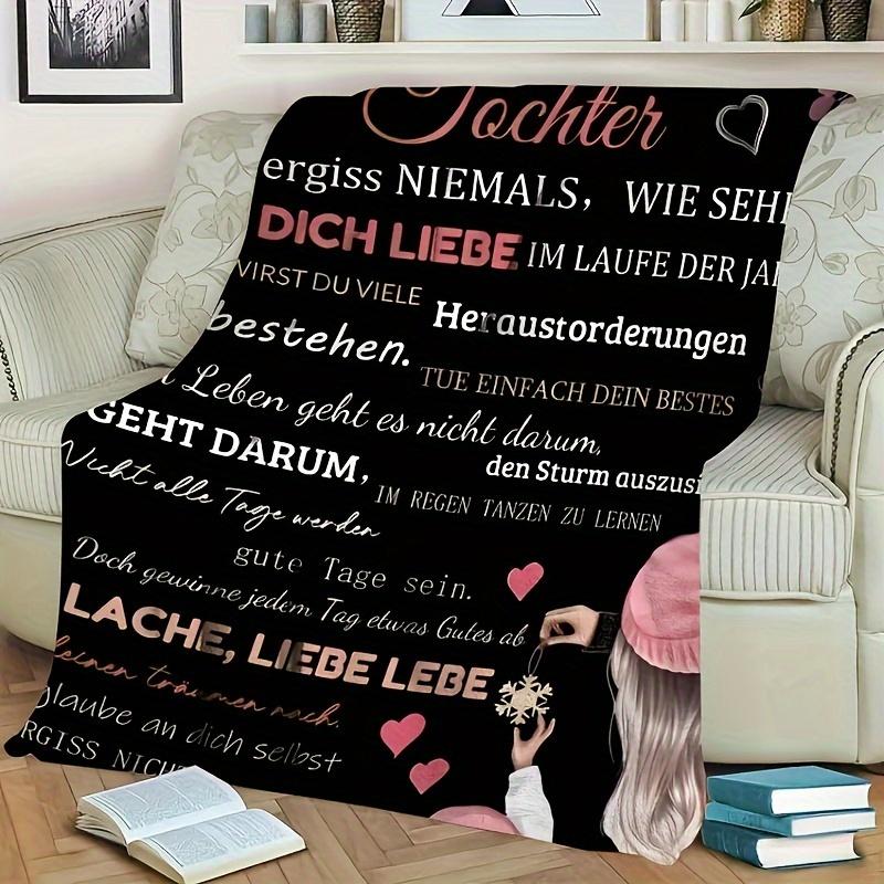 Vintage German Quote Soft Flannel Throw Blanket for Daughter, All Seasons Knitted Polyester Mother's Love Letter Pattern