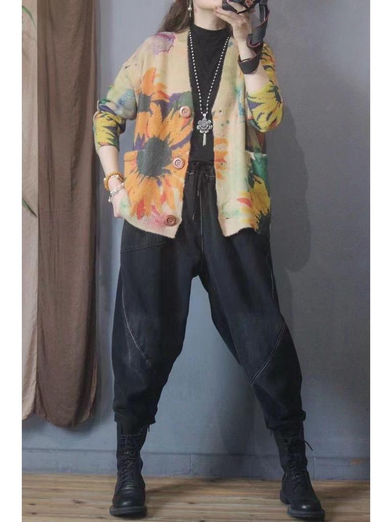 Vintage Autumn Winter Faux Mink Print Cardigan - Women's Loose Slimming Long Sleeve Knit Top