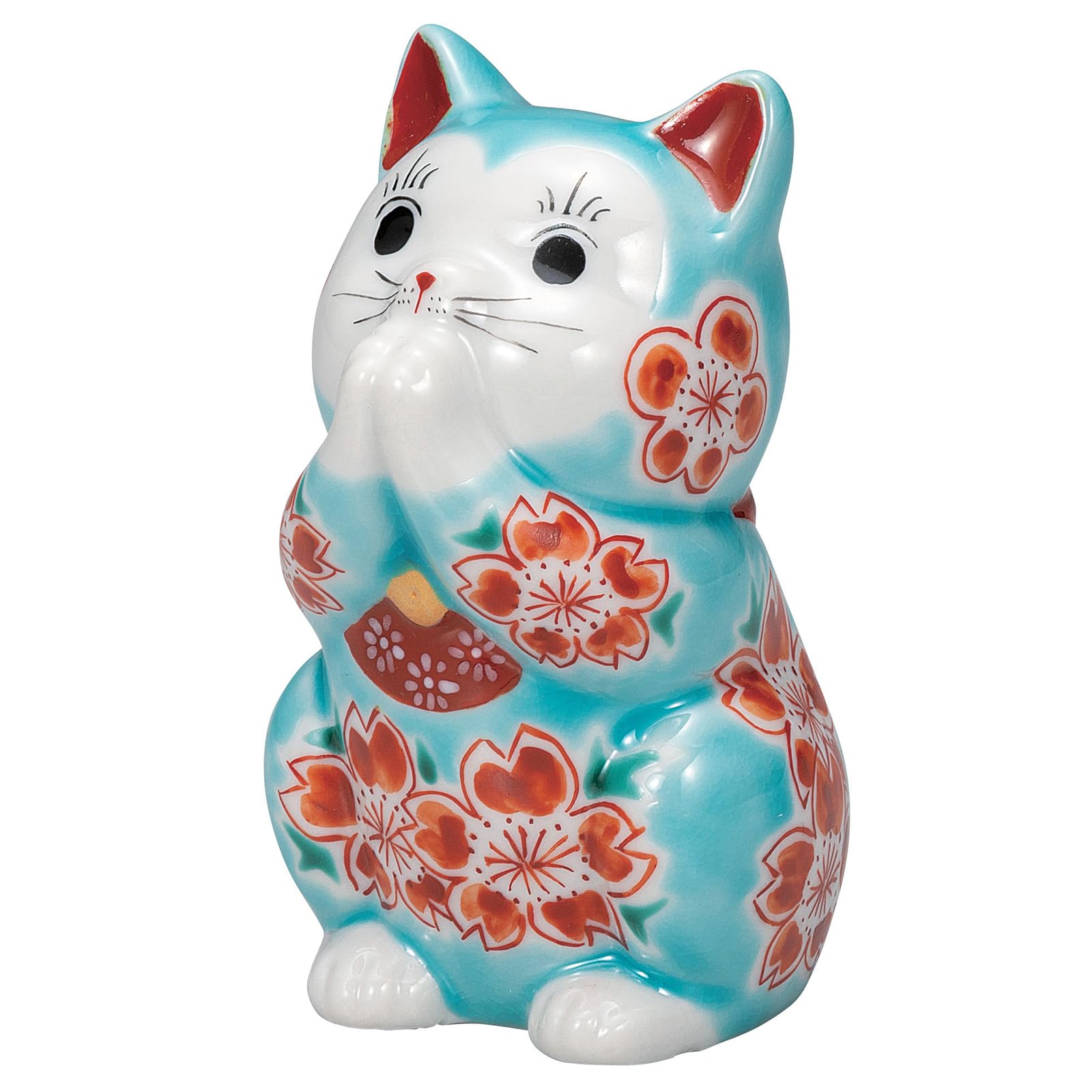 

Kutani Ware Good Size with Turkish Blue Glaze and Cherry Maneki-neko Figurine, Fortune, Praying, 9.5cm Tall, 3.2, Blossoms, K9-1600 синий