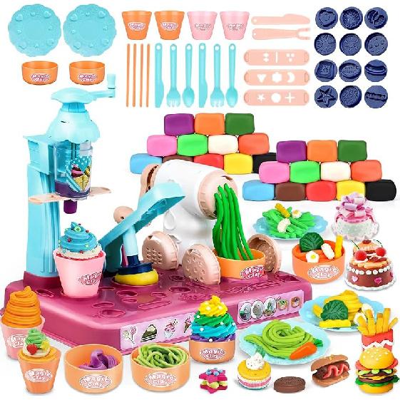 Playdough Sets for Kids Ages 4-8, 3 In1 Playdough Ice Cream 72 Pcs Toddlers' Play Kitchen Set Play Dough for Creations Making Noodle/Ice