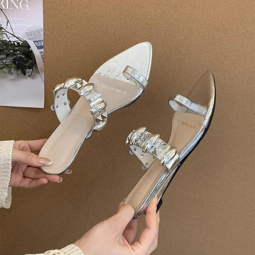 Design Sense Metal Word with Sleeve Toe Cool Slippers Women Wear Retro Pointed Word Drag