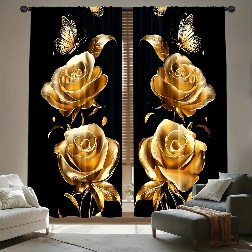 Golden Rose Butterfly Curtains All Season Home Decor Bedroom Living Room Kitchen Rod Not Included Curtain Polyester Perfect For Sitting