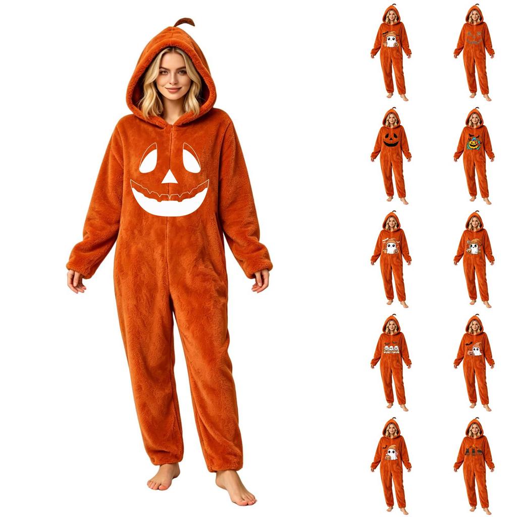 Dames Halloween Print Flanellen Jumpsuit Loungewear Set voor Gezellige Huis Slaapkleding