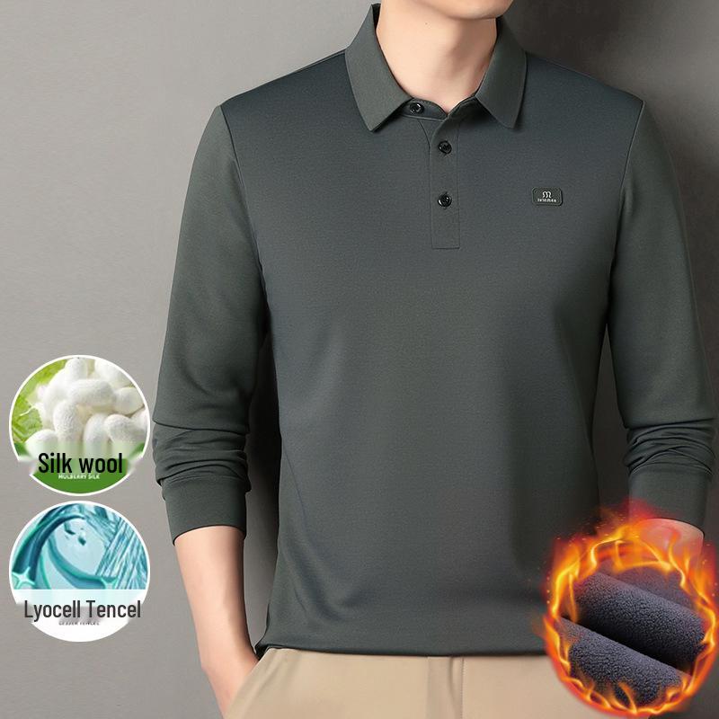 

Мужская зимняя плюшевая рубашка ПОЛО с длинным рукавом, повседневная одежда высокого класса с отложным воротником, теплая и не скатывающаяся. 2XL серый/зелёный