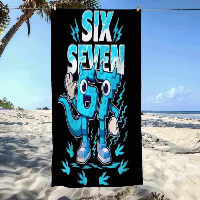 1pc 67 Monster Fan Quick Dry Beach Towel, Polyester Lightweight Soft Towel, Six Seven Cartoon Dino Print, for Beach Swimming Sur