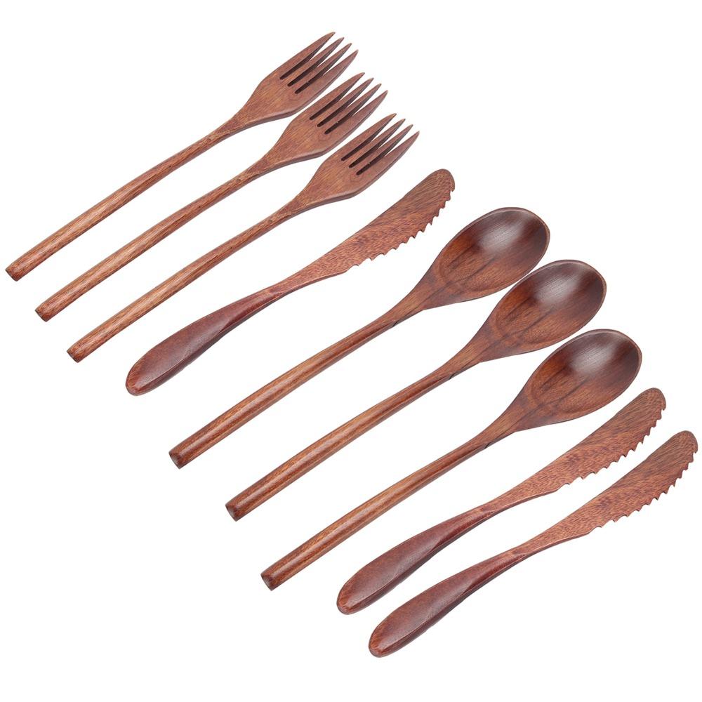 9Pcs Reusable Wooden Wooden Cutlery Set 22.5/ 21.5cm Different Styles Wooden Utensil Set Dinner Cutlery Set Daily Dining