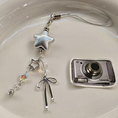 Llavero con cordón para teléfono móvil, colgante de lazo de estrella de metal plateado estilo Y2K, correa para teléfono, colgante de chica dulce y genial