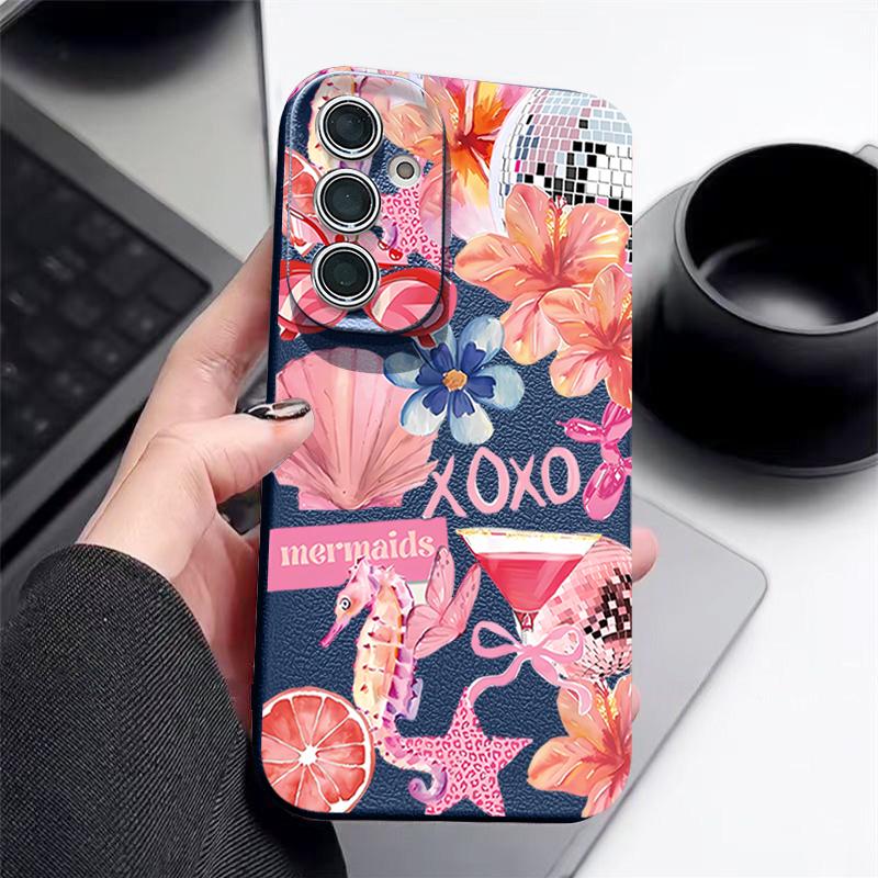 Pink Cartoon Pattern Floral Case For Samsung Galaxy A57 A56 A55 A54 5G A37 A36 A35 A34 A17 A16 A15 A14 Leather Texture Silicone Cover