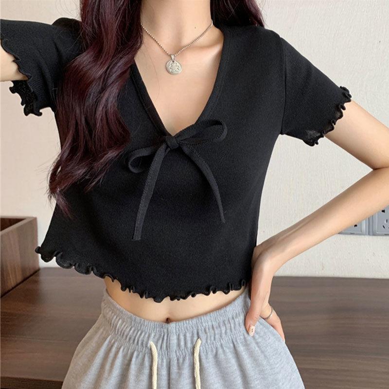 Summer French Style Niche Bow Tie Tie with Black Fungus Edge Short Knitted Sweater Women's Blue Short Top