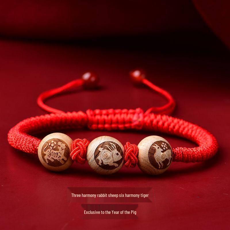

Teacher Recommended 2025 Peach Wood Zodiac Animals Red String Bracelet with Three & Six Harmonies - Ideal for Driving