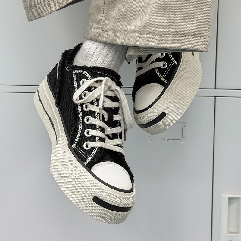 Men'S Vintage Canvas Shoes Arch Support Chunky Platform Height Increasing Black White Streetwear Outdoor Hiking Sneakers