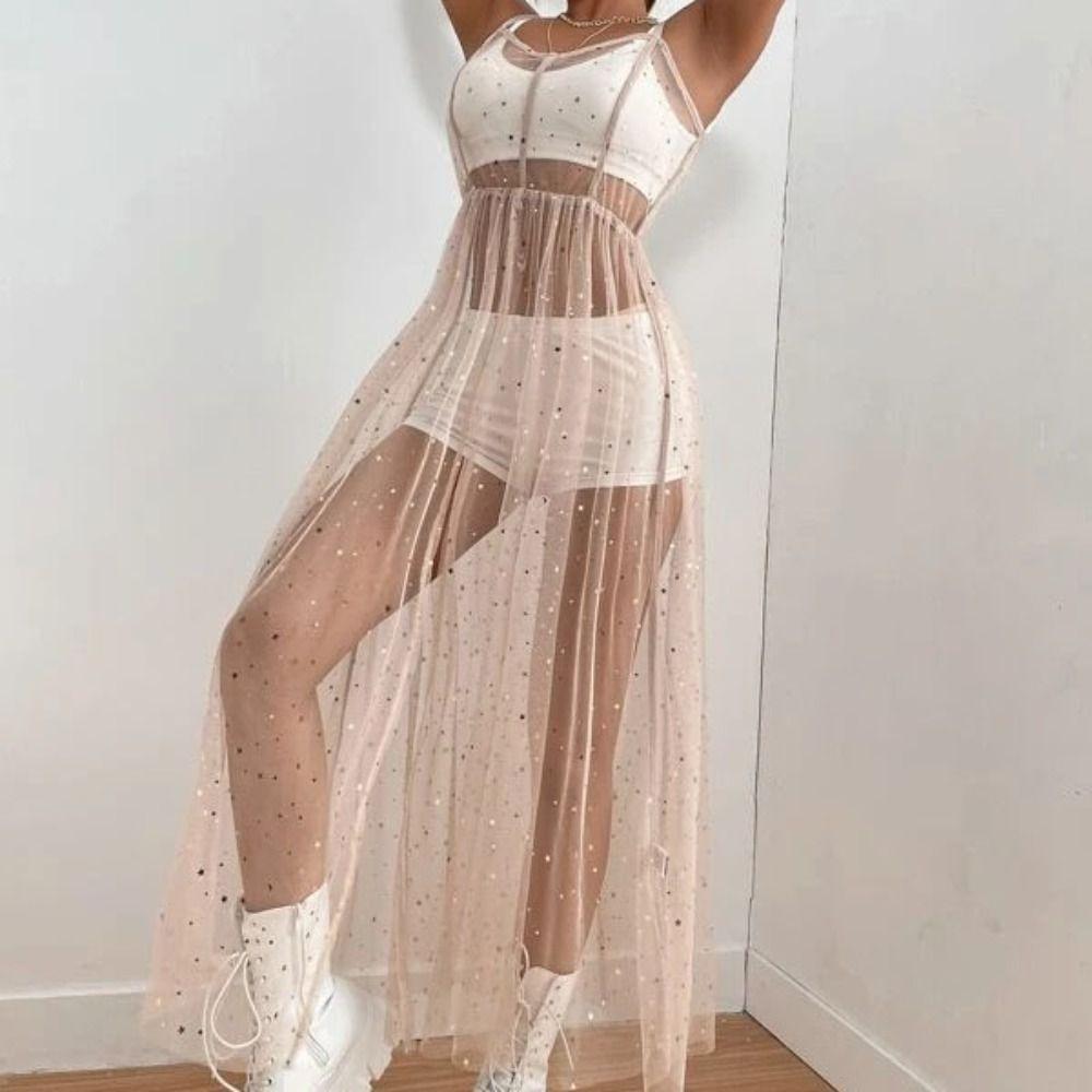 Mesh Transparent Summer Tulle Dress Bling Bling Dot Sling Dress Women Cover Up Dress  Women