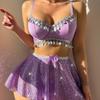 Pure Color Suspender Top Bow Sequined Short Skirt with Mesh Socks Sexy Underwear