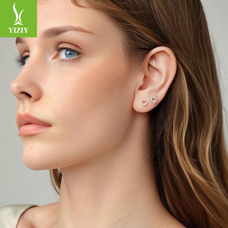 Hollow Heart-Shaped Threaded Ball Stud Earrings For Women, Simple And Versatile Mini S925 Sterling Silver Love Stud Earrings.