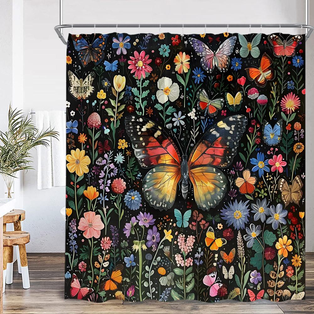 Vintage Butterfly Floral Shower Curtain Dragonfly Flower Moon Plant Skull Witch Magic Bath Curtain Retro Bathtub Decor with Hook