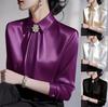 Saténové dámské halenky Korejské košile pro úřednice Volné Jaro Léto Vintage oblečení Jednobarevné s dlouhým rukávem Dámské topy bez klopy Šperky