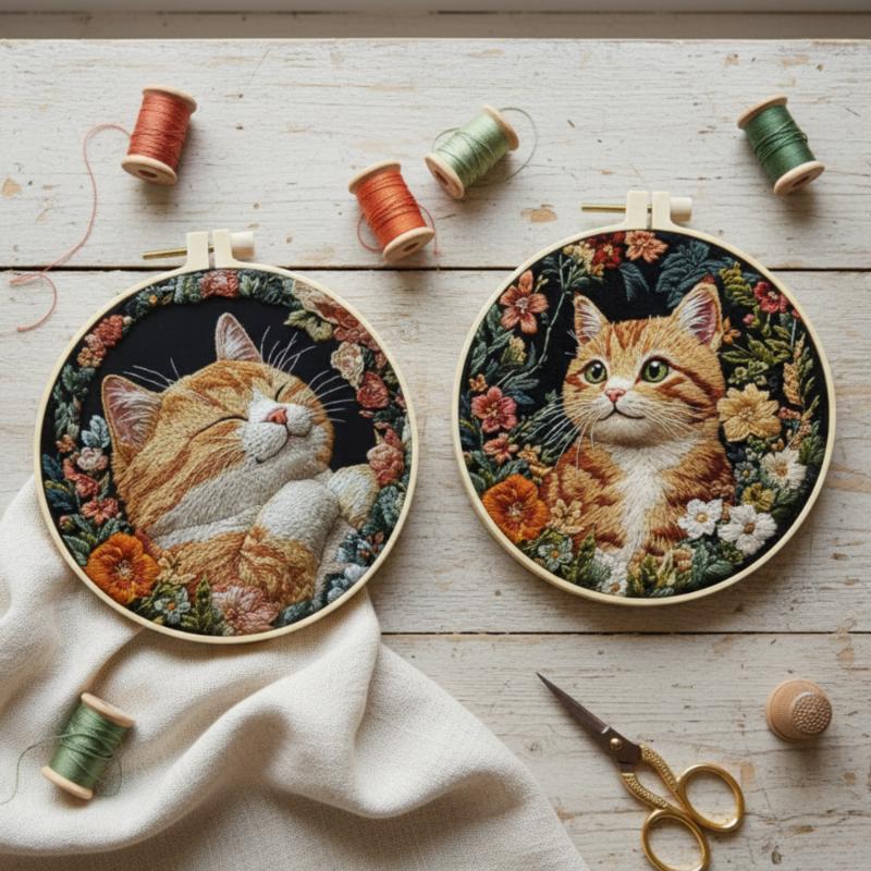 2 X Cats Embroidery Kit With Hoop [M-Ohaft4]