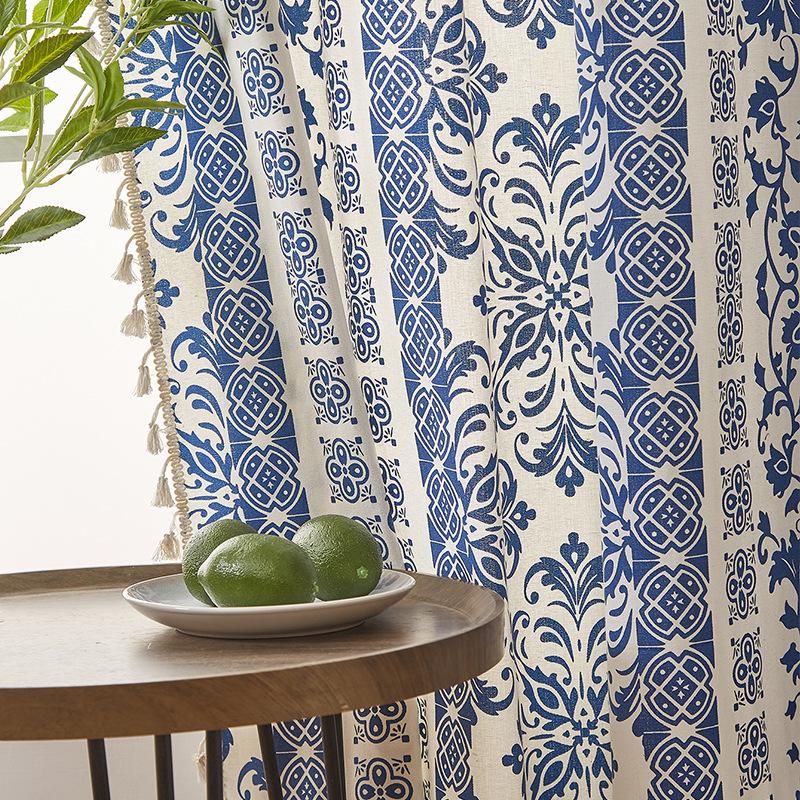 Vintage Blue and White Porcelain Cotton Linen Curtains Semi-Blackout Curtains Kitchen Rod-Through Printed Door Curtains