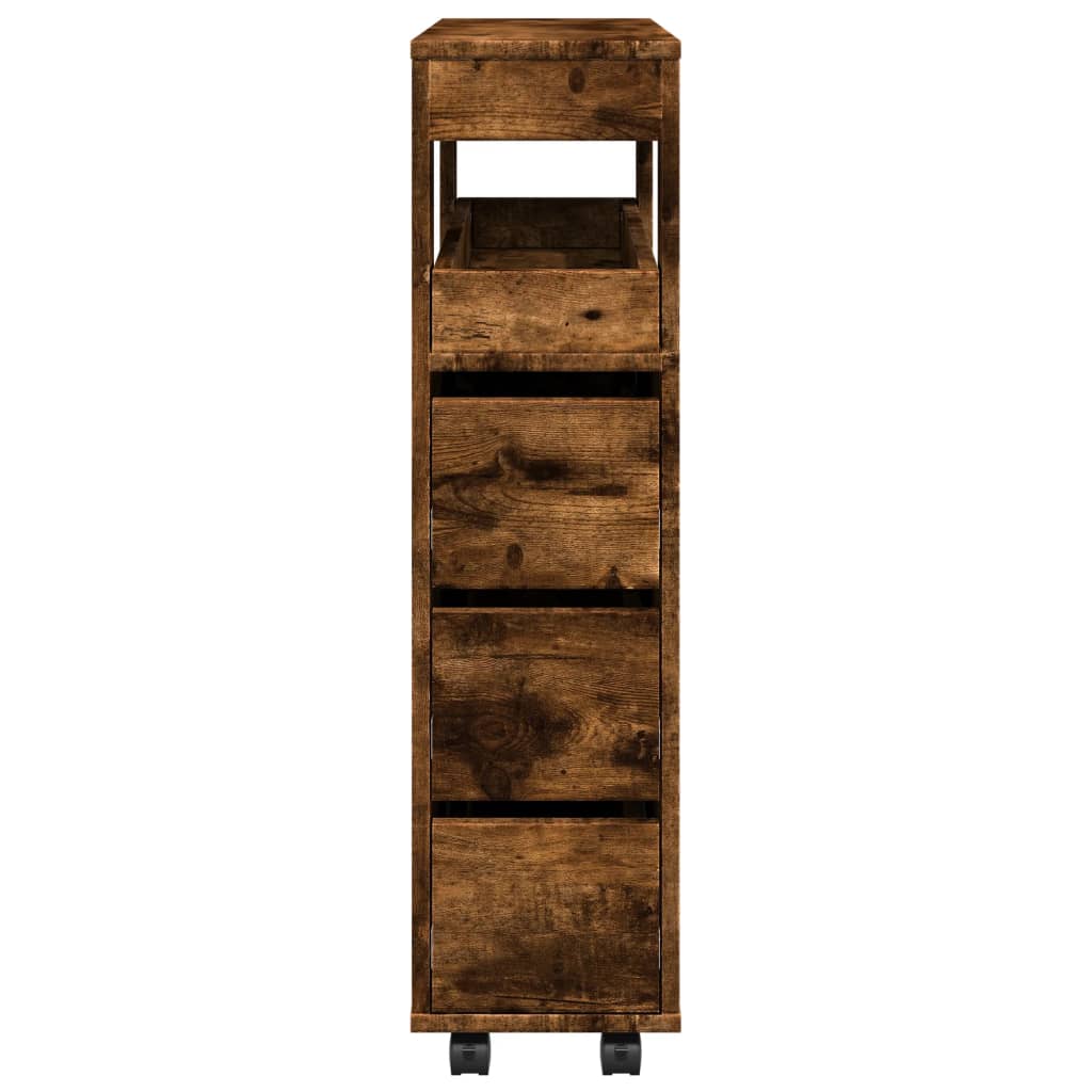 Narrow Bathroom Cabinet with Casters Smoked Oak Wood Based Panel