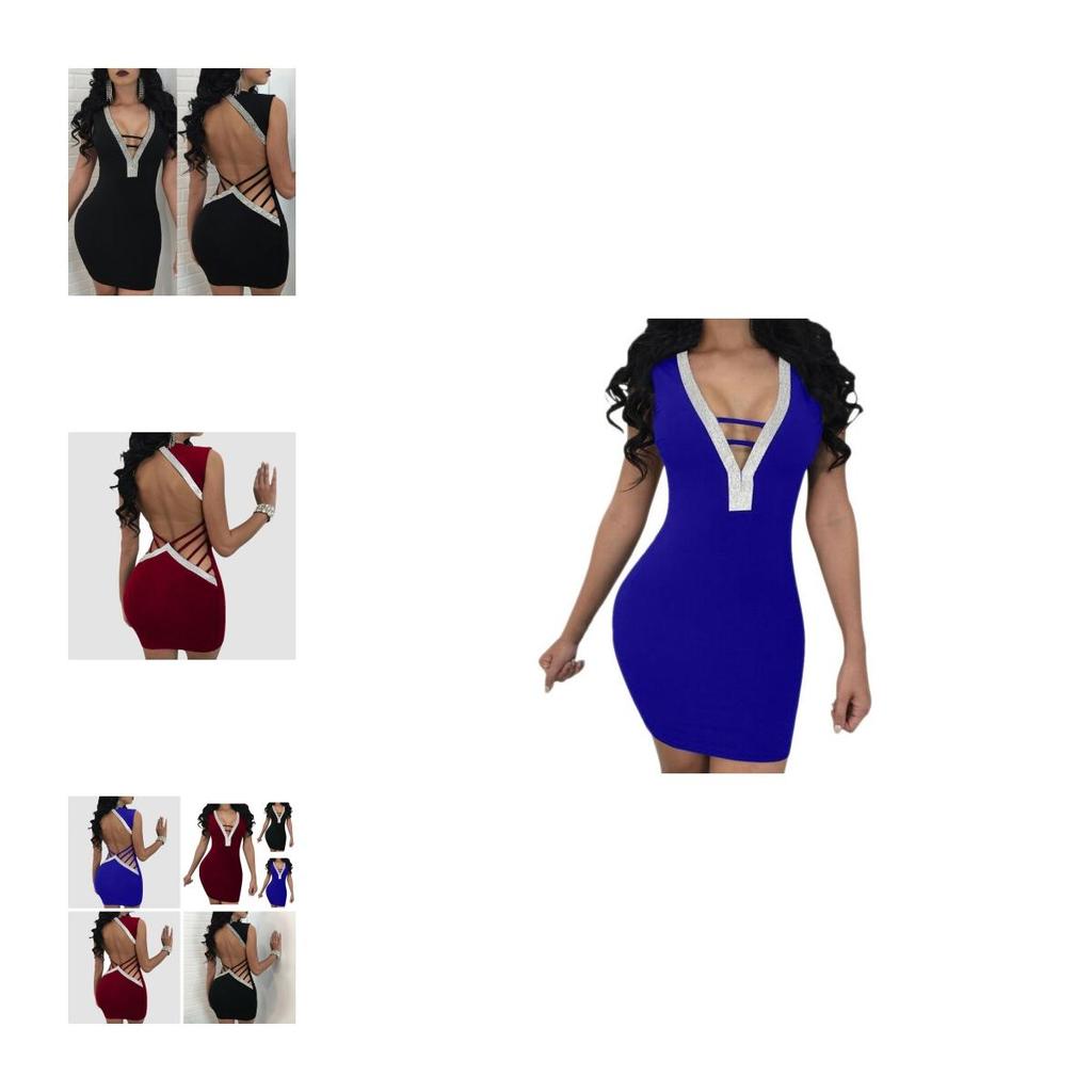 Stunning Women Sexy Deep V Rhinestone Backless Mini Dress For Special Events