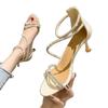 One word with Roman sandals women's popular buckle new high-heeled rhinestones fairy wind stiletto high heels women's summer sandals