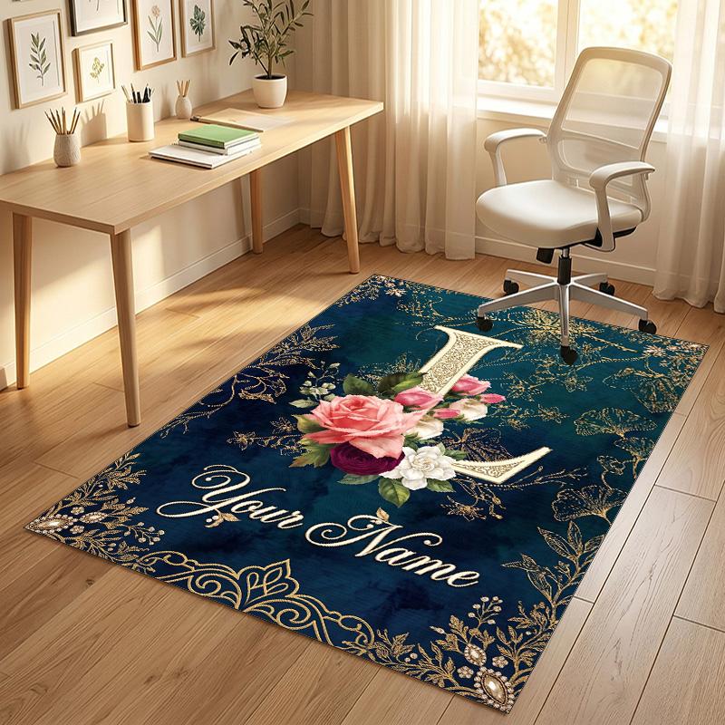 Floral Horse Theme Soft Crystal Velvet Rug Custom Name & Text Print Non Slip Floor Rug for Bedroom Living Room