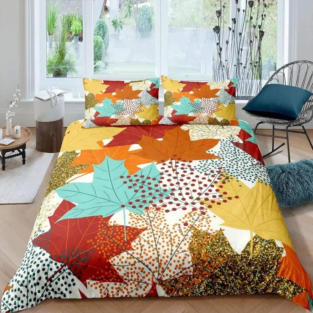Maple Leaves Duvet Cover Set Colorful Autumn Season Maple Leaves In Unusual Designs Nature Print King Size 2/3pcs Bedding Set
