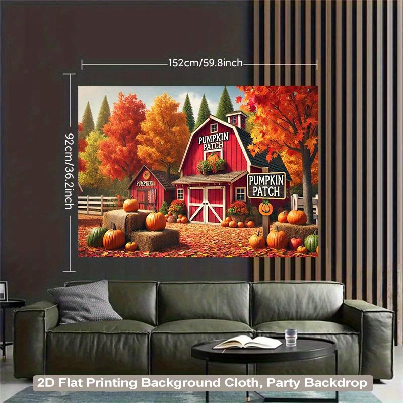 1 piece of 2D background fabric, a polyester fabric background depicting a red farmhouse and pumpkin scene.zyc