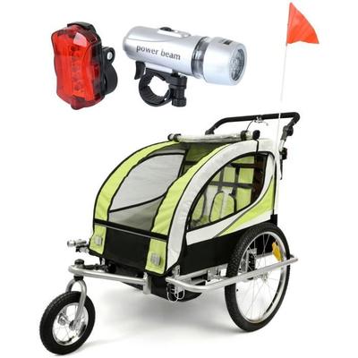 Child Bike Trailer - Buggy - 2 Seats - Shock Absorber - Lime Color - Max Load 40 Kg