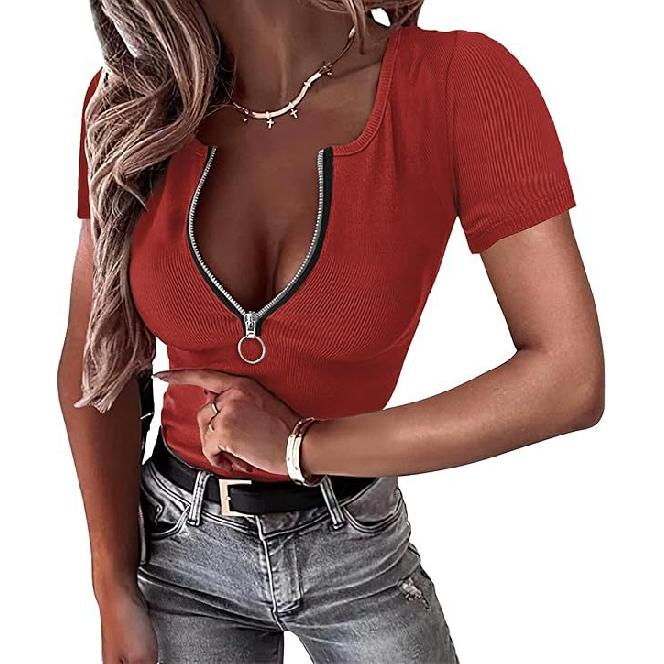 2026 New Spring/Summer Women's Zipper Ribbed Round Neck Short Sleeve T-Shirt Top
