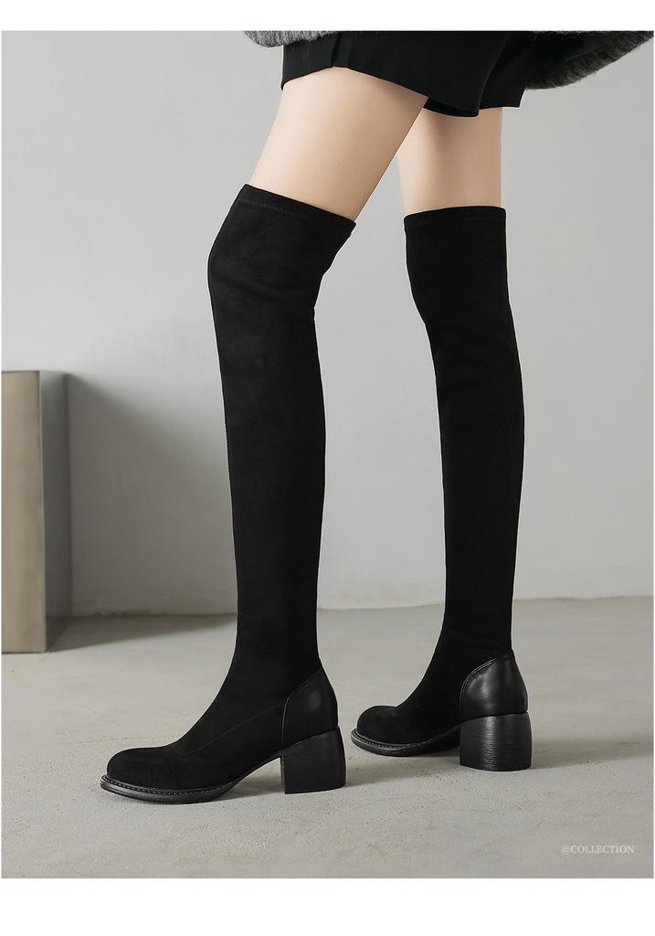 Modische elastische Wildleder Overknee-Stiefel Sexy Hosenlose Stiefel Ritterstiefel Dicke High-Heel-Stiefel 33-43 Große Größen Stiefel