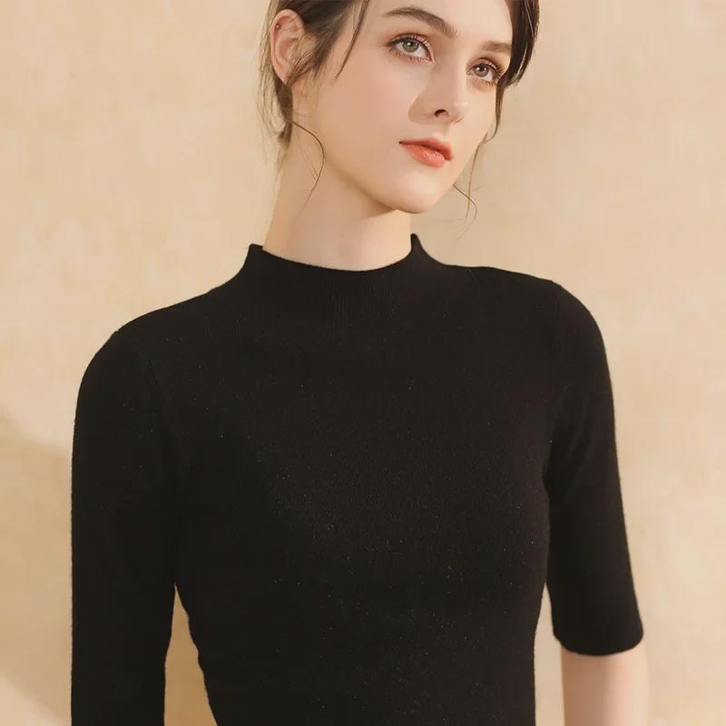 2021 Spring Knitted Half-High Neck Slim Pullover with Five-Point Sleeves