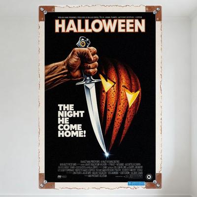 Halloweenowy Plakat Filmowy Metalowy Znak Blaszany Vintage Horror Filmowy Dekoracja Ściany dla Jaskini Mężczyzny Domowego Baru Estetyczna Złowieszczy Slasher Sztuka