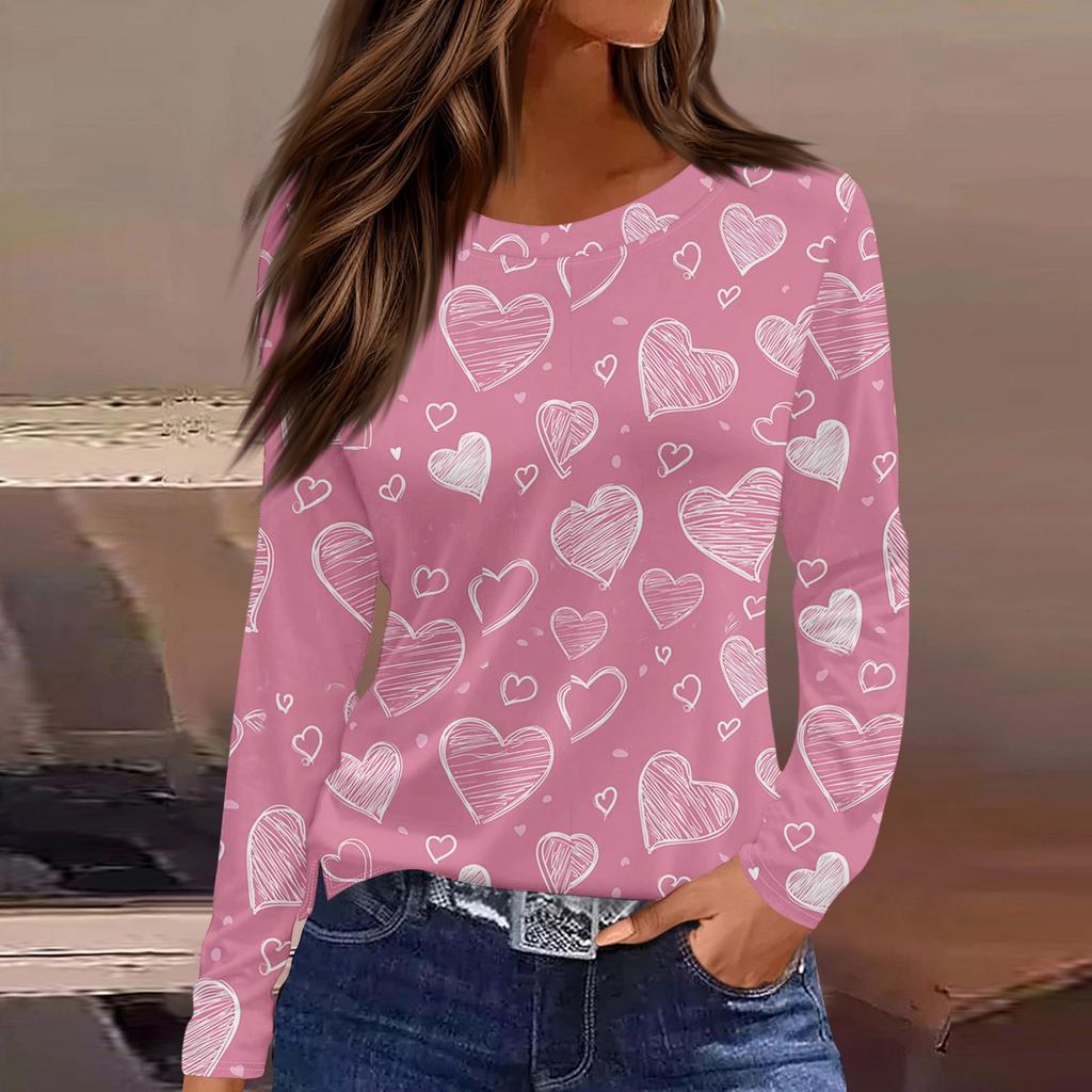 Women's Fashionable Long-Sleeved Round Neck Top with Slit Hem and Valentine's Day Heart Print