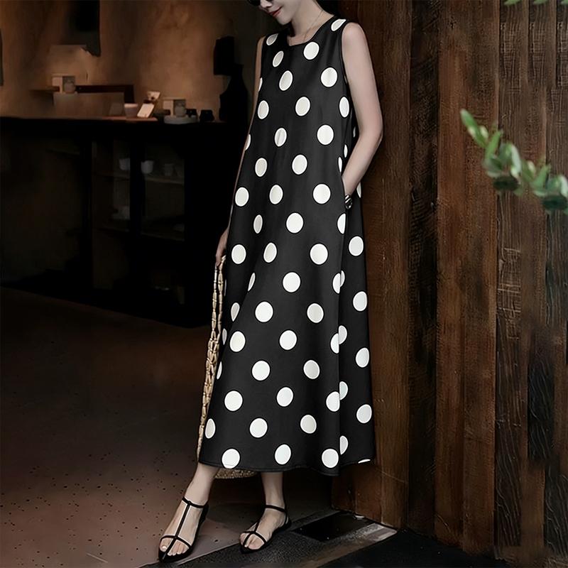 ZANZEA Women Casual Round Neck Polka Dot Print Loose Sleeveless Dress