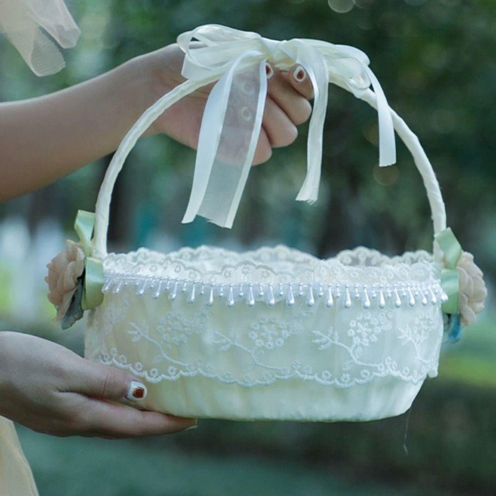 Ribbon Bow Flower Girls Basket Rose Flower Satin Bow Hanbag Sweet Wedding Party Decorations Party