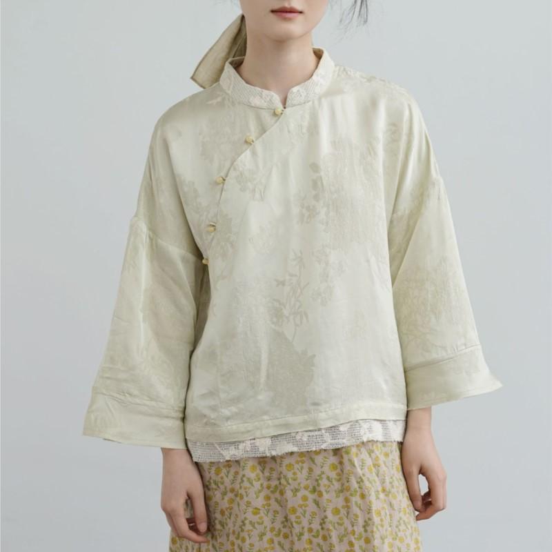 

Johnature Women Vintage Jacquard Shirts Stand Seven Sleeve Blouses Spring Button Chinese Style Soft High Quality Shirts One Size