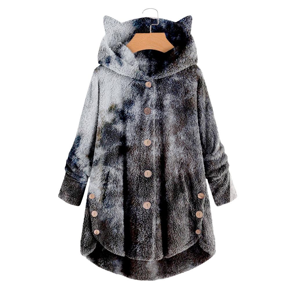 Women Fashion Plush Pocket Winter Tie-dyed Long Sleeve Keep Cat Ears Warm Coat