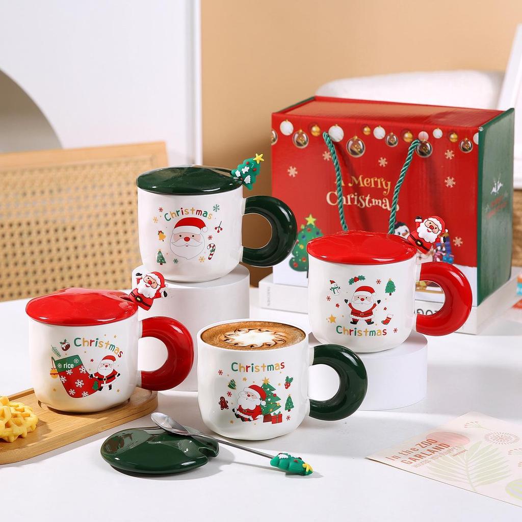 Santa Claus Ceramic Christmas Mug with Lid & Spoon - Cute Cartoon Design