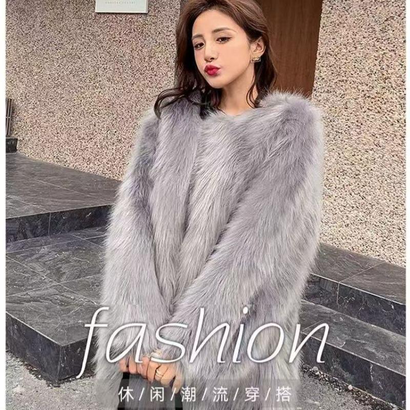 Medium and long collar simple imitation fox fur coat women's autumn and winter toka wool coat